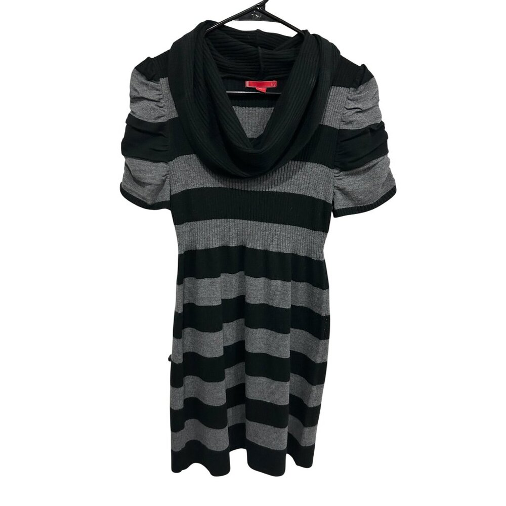 Liv Dress Black Gray Striped Cowl Neck Short Sleeve Sweater Knit Soft Size L